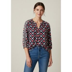 Crown & Ivy Navy Pink Elephant Boho Blouse 3/4 Balloon Sleeves Womens Sz Medium